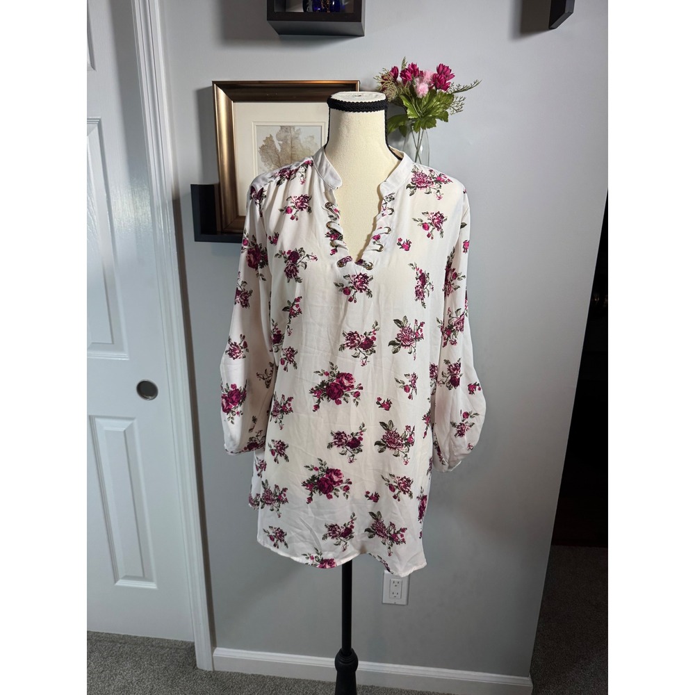 rue21 Women XL Cottagecore Floral Lace Up Tunic Top White Pink Rose Long Sleeve